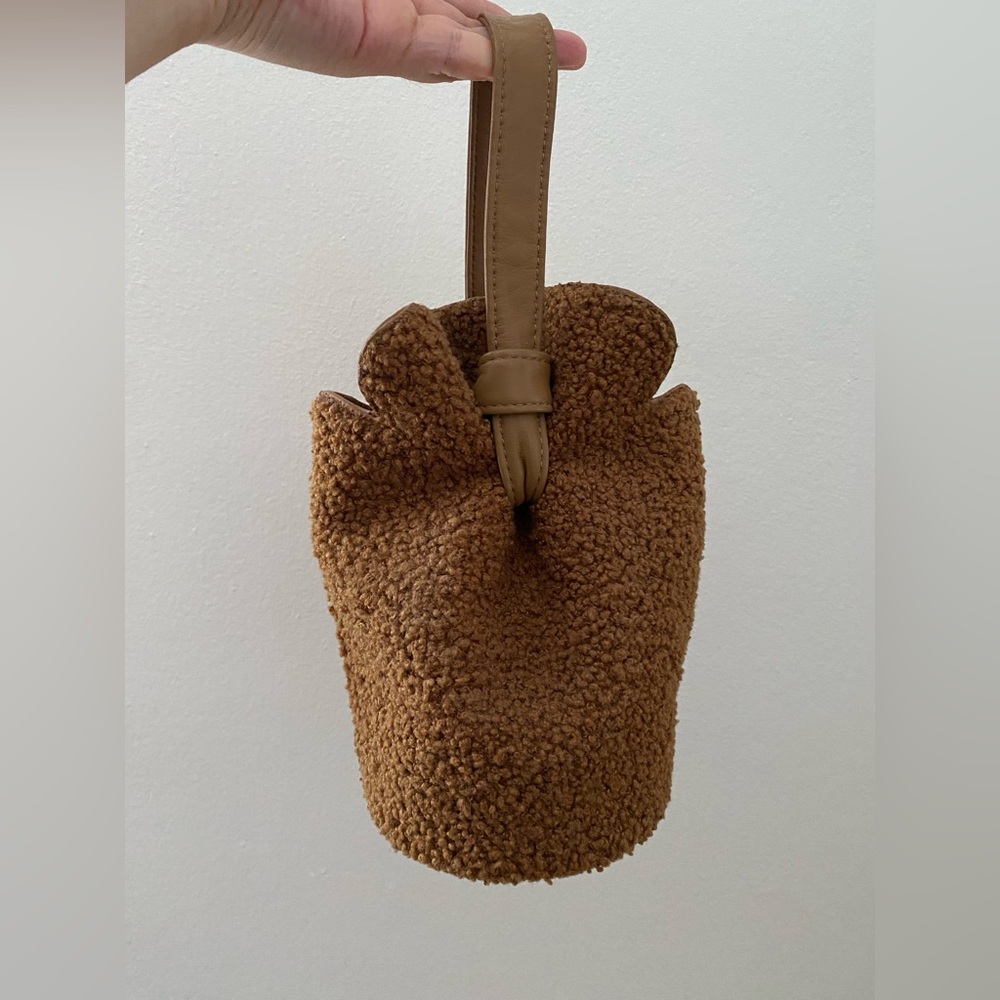 Elizabeth and James French Fry Teddy Small Bucket Bag Brown Shearling